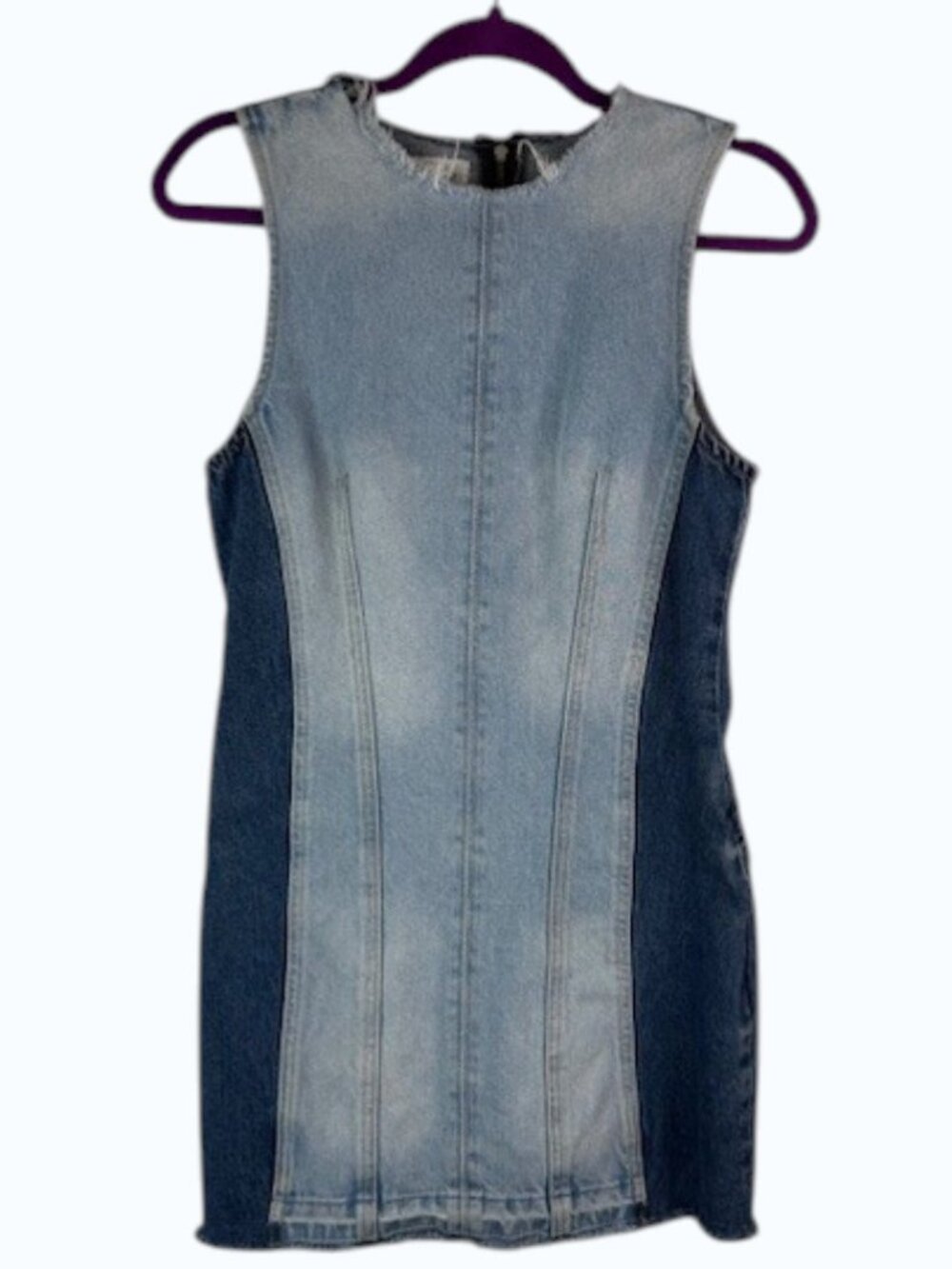 Zara Denim Mini Dress Small Blue Sleeveless Raw Hem Bodycon Fitted Zip Back